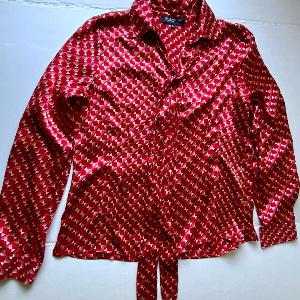Silk Neck-Tie Button Down Long Sleeve Top, Red, Blk & Wht, Sz 14, Elegant, Soft